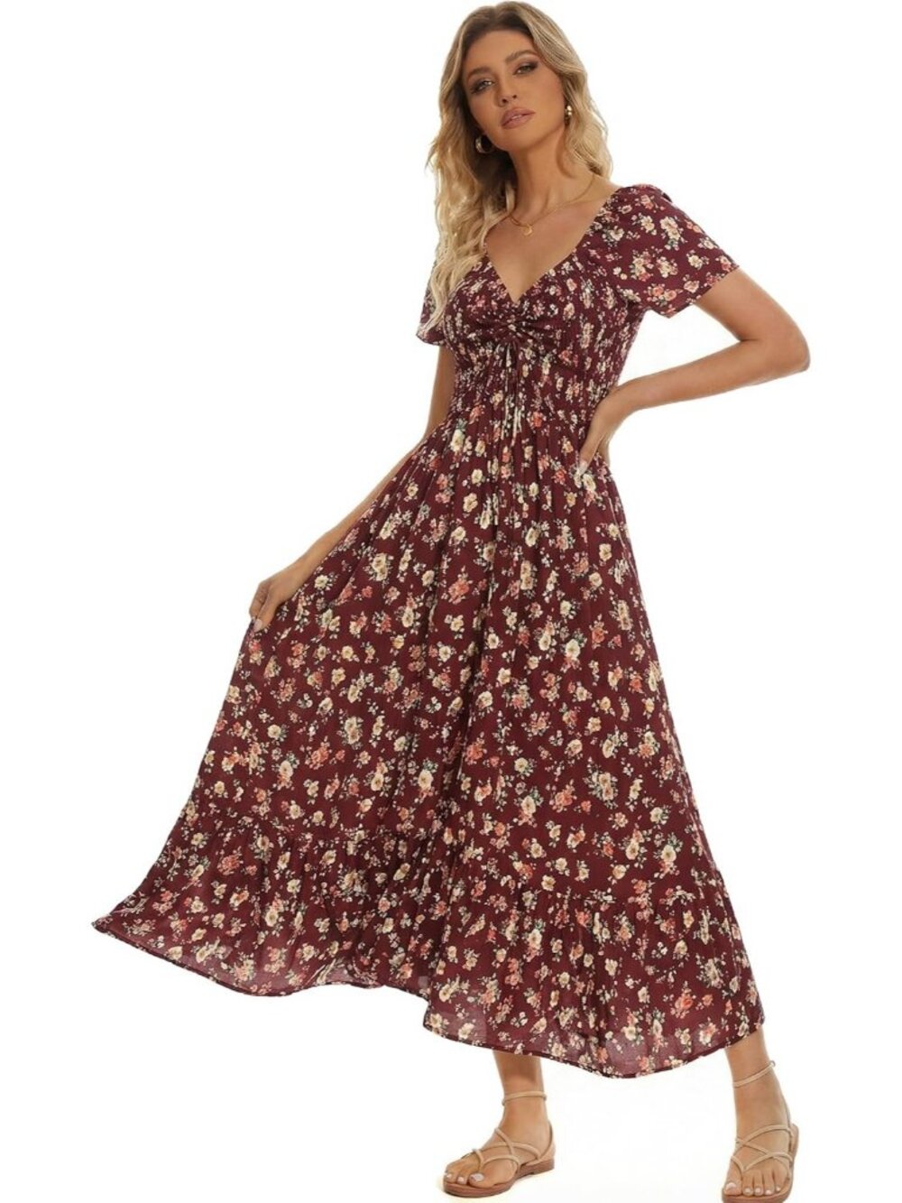 Women's Burgundy Floral Smocked Maxi Boho Flowy Tiered A-Line Party Long Dress